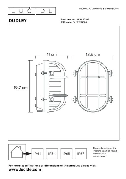 Lucide DUDLEY - Applique murale Intérieur/Extérieur - 1xE27 - IP65 - Or Mat / Laiton - TECHNISCH